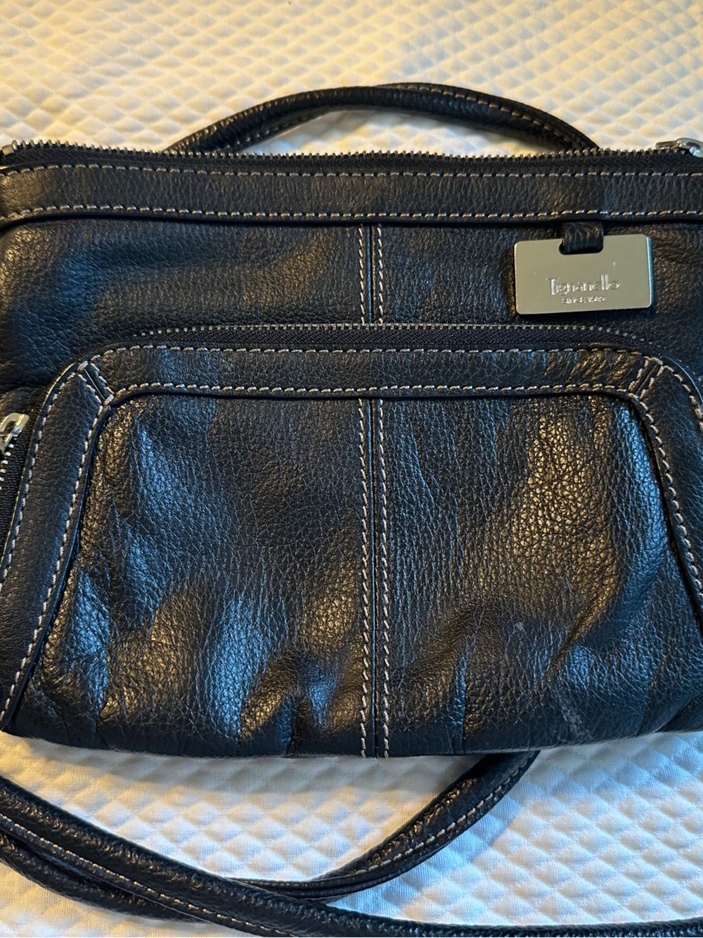 Tignanello Small Black Genuine Leather Crossbody Shoulder Bag Multi Zip